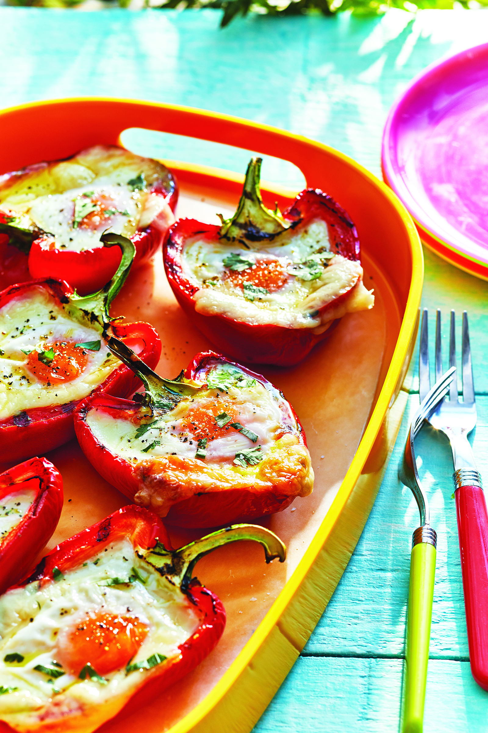 Eggs in red pepper cups styled by Toronto Food Stylist, Annabelle Waugh